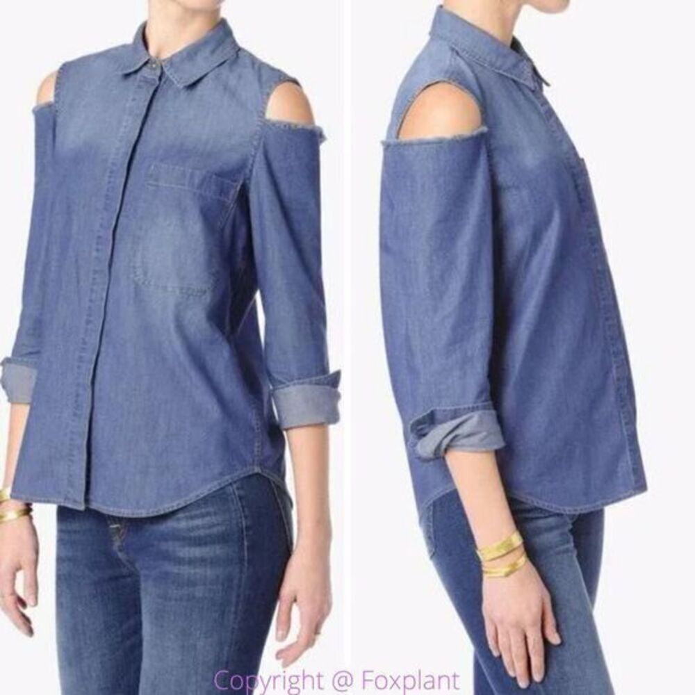 7 For All Mankind Women's Long Sleeve Cold Shoulder Denim Shirt, size S